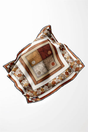 Twill Geometrik Mermer Desenli Taba Renkli 90x90 Eşarp (İpek İçermez) Kenar Dikiş Şekli El Dikişli