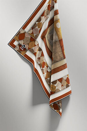 Twill Geometrik Mermer Desenli Taba Renkli 90x90 Eşarp (İpek İçermez) Kenar Dikiş Şekli El Dikişli
