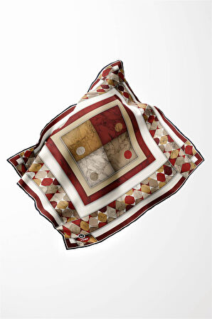 Twill Geometrik Mermer Desenli Bordo Renkli 90x90 Eşarp (İpek İçermez) Kenar Dikiş Şekli El Dikişli