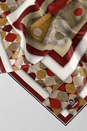 Twill Geometrik Mermer Desenli Bordo Renkli 90x90 Eşarp (İpek İçermez) Kenar Dikiş Şekli El Dikişli