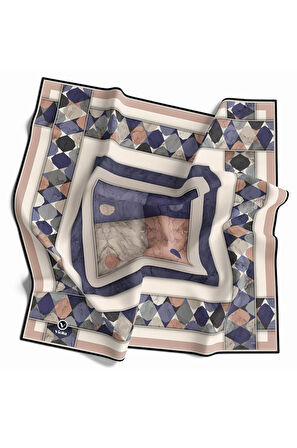 Twill Geometrik Mermer Desenli Pudra Renkli 90x90 Eşarp (İpek İçermez) Kenar Dikiş Şekli El Dikişli