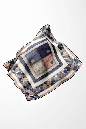 Twill Geometrik Mermer Desenli Pudra Renkli 90x90 Eşarp (İpek İçermez) Kenar Dikiş Şekli El Dikişli