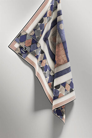 Twill Geometrik Mermer Desenli Pudra Renkli 90x90 Eşarp (İpek İçermez) Kenar Dikiş Şekli El Dikişli