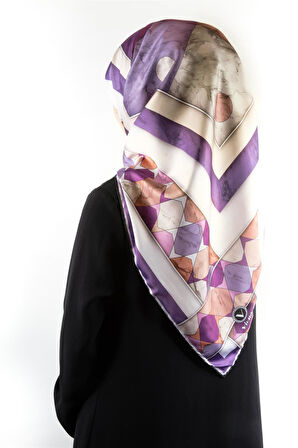 Twill Geometrik Mermer Desenli Lila Renkli 90x90 Eşarp (İpek İçermez) Kenar Dikiş Şekli El Dikişli