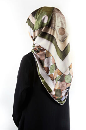Twill Geometrik Mermer Desenli Haki Renkli 90x90 Eşarp (İpek İçermez) Kenar Dikiş Şekli El Dikişli