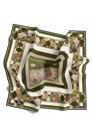 Twill Geometrik Mermer Desenli Haki Renkli 90x90 Eşarp (İpek İçermez) Kenar Dikiş Şekli El Dikişli