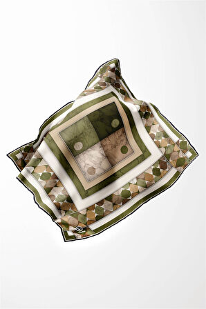 Twill Geometrik Mermer Desenli Haki Renkli 90x90 Eşarp (İpek İçermez) Kenar Dikiş Şekli El Dikişli