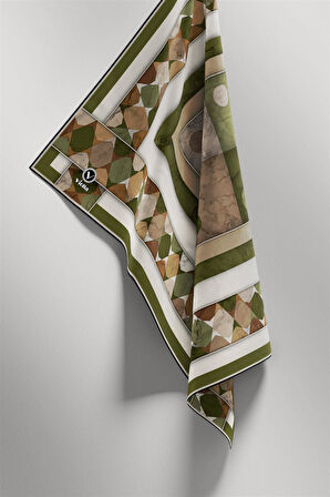Twill Geometrik Mermer Desenli Haki Renkli 90x90 Eşarp (İpek İçermez) Kenar Dikiş Şekli El Dikişli