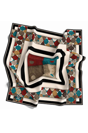 Twill Geometrik Mermer Desenli Petrol Yeşili Renkli 90x90 Eşarp (İpek İçermez) Kenar Dikiş Şekli El Dikişli