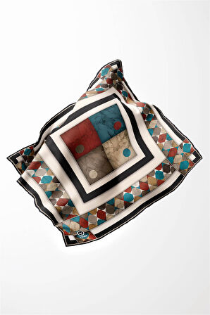 Twill Geometrik Mermer Desenli Petrol Yeşili Renkli 90x90 Eşarp (İpek İçermez) Kenar Dikiş Şekli El Dikişli