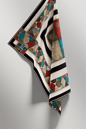 Twill Geometrik Mermer Desenli Petrol Yeşili Renkli 90x90 Eşarp (İpek İçermez) Kenar Dikiş Şekli El Dikişli