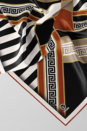 Twill Çizgili Geometrik Desenli Taba Renkli 90x90 Eşarp (İpek İçermez) Kenar Dikiş Şekli El Dikişli