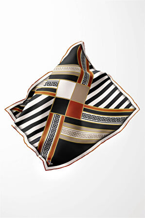 Twill Çizgili Geometrik Desenli Taba Renkli 90x90 Eşarp (İpek İçermez) Kenar Dikiş Şekli El Dikişli