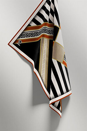 Twill Çizgili Geometrik Desenli Taba Renkli 90x90 Eşarp (İpek İçermez) Kenar Dikiş Şekli El Dikişli