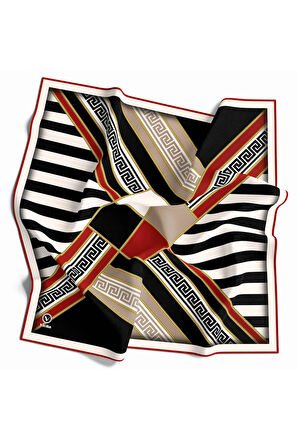 Twill Çizgili Geometrik Desenli Kırmızı Renkli 90x90 Eşarp (İpek İçermez) Kenar Dikiş Şekli El Dikişli