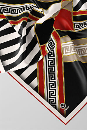 Twill Çizgili Geometrik Desenli Kırmızı Renkli 90x90 Eşarp (İpek İçermez) Kenar Dikiş Şekli El Dikişli