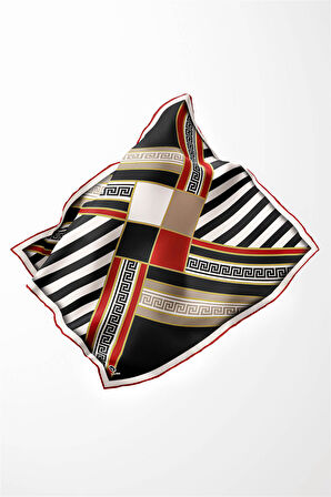 Twill Çizgili Geometrik Desenli Kırmızı Renkli 90x90 Eşarp (İpek İçermez) Kenar Dikiş Şekli El Dikişli