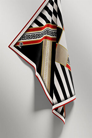 Twill Çizgili Geometrik Desenli Kırmızı Renkli 90x90 Eşarp (İpek İçermez) Kenar Dikiş Şekli El Dikişli