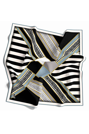 Twill Çizgili Geometrik Desenli Buz Mavisi Renkli 90x90 Eşarp (İpek İçermez) Kenar Dikiş Şekli El Dikişli