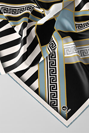 Twill Çizgili Geometrik Desenli Buz Mavisi Renkli 90x90 Eşarp (İpek İçermez) Kenar Dikiş Şekli El Dikişli