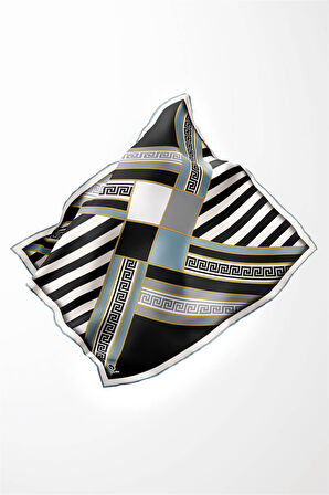 Twill Çizgili Geometrik Desenli Buz Mavisi Renkli 90x90 Eşarp (İpek İçermez) Kenar Dikiş Şekli El Dikişli