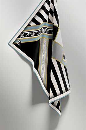 Twill Çizgili Geometrik Desenli Buz Mavisi Renkli 90x90 Eşarp (İpek İçermez) Kenar Dikiş Şekli El Dikişli