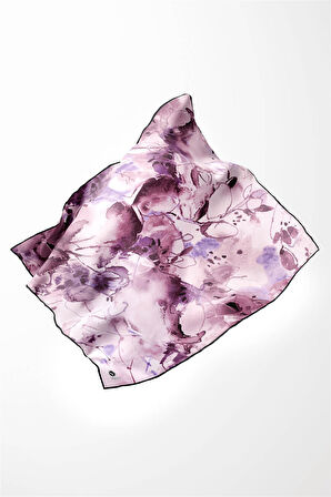 Twill Batik Çiçek Desenli Lila Renkli 90x90 Eşarp (İpek İçermez) Kenar Dikiş Şekli El Dikişli