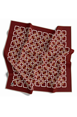 Twill Geometrik Desenli Bordo Renkli 90x90 Eşarp (İpek İçermez) Kenar Dikiş Şekli El Dikişli