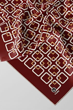 Twill Geometrik Desenli Bordo Renkli 90x90 Eşarp (İpek İçermez) Kenar Dikiş Şekli El Dikişli