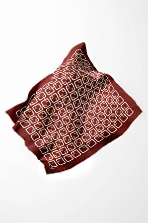 Twill Geometrik Desenli Bordo Renkli 90x90 Eşarp (İpek İçermez) Kenar Dikiş Şekli El Dikişli