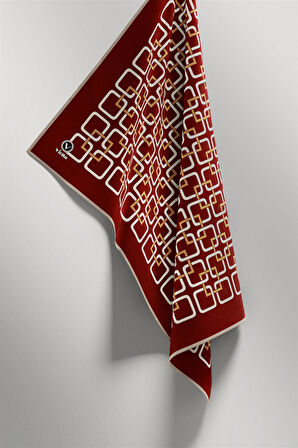 Twill Geometrik Desenli Bordo Renkli 90x90 Eşarp (İpek İçermez) Kenar Dikiş Şekli El Dikişli