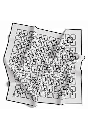 Twill Geometrik Desenli Gümüş Renkli 90x90 Eşarp (İpek İçermez) Kenar Dikiş Şekli El Dikişli