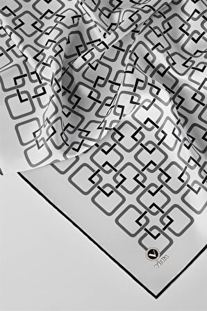 Twill Geometrik Desenli Gümüş Renkli 90x90 Eşarp (İpek İçermez) Kenar Dikiş Şekli El Dikişli