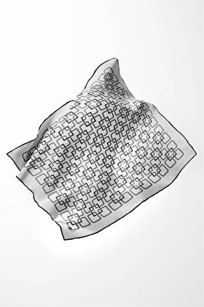 Twill Geometrik Desenli Gümüş Renkli 90x90 Eşarp (İpek İçermez) Kenar Dikiş Şekli El Dikişli