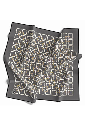 Twill Geometrik Desenli Gri Renkli 90x90 Eşarp (İpek İçermez) Kenar Dikiş Şekli El Dikişli