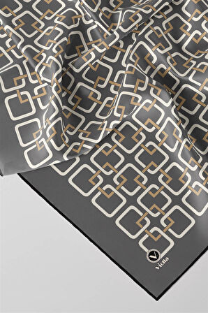 Twill Geometrik Desenli Gri Renkli 90x90 Eşarp (İpek İçermez) Kenar Dikiş Şekli El Dikişli