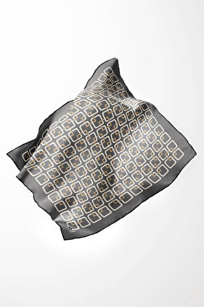 Twill Geometrik Desenli Gri Renkli 90x90 Eşarp (İpek İçermez) Kenar Dikiş Şekli El Dikişli