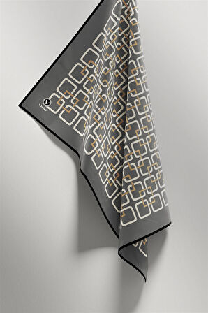 Twill Geometrik Desenli Gri Renkli 90x90 Eşarp (İpek İçermez) Kenar Dikiş Şekli El Dikişli
