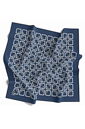 Twill Geometrik Desenli İndigo Renkli 90x90 Eşarp (İpek İçermez) Kenar Dikiş Şekli El Dikişli