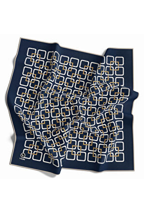 Twill Geometrik Desenli Lacivert Renkli 90x90 Eşarp (İpek İçermez) Kenar Dikiş Şekli El Dikişli
