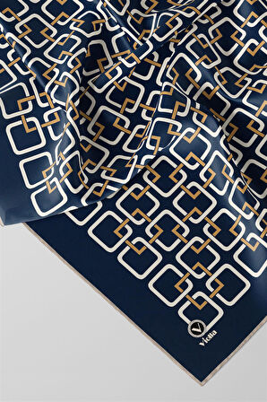 Twill Geometrik Desenli Lacivert Renkli 90x90 Eşarp (İpek İçermez) Kenar Dikiş Şekli El Dikişli