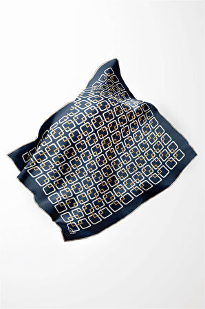 Twill Geometrik Desenli Lacivert Renkli 90x90 Eşarp (İpek İçermez) Kenar Dikiş Şekli El Dikişli