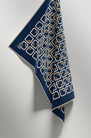 Twill Geometrik Desenli Lacivert Renkli 90x90 Eşarp (İpek İçermez) Kenar Dikiş Şekli El Dikişli