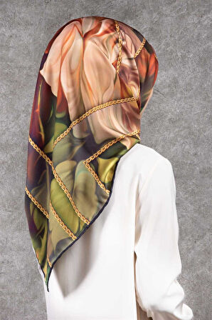 Twill Gül Desenli Taba - Haki Renkli 90x90 Eşarp (İpek İçermez) Kenar Dikiş Şekli El Dikişli