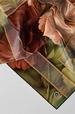 Twill Gül Desenli Taba - Haki Renkli 90x90 Eşarp (İpek İçermez) Kenar Dikiş Şekli El Dikişli