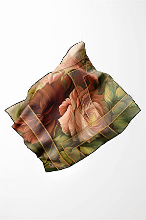 Twill Gül Desenli Taba - Haki Renkli 90x90 Eşarp (İpek İçermez) Kenar Dikiş Şekli El Dikişli