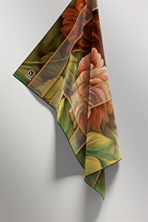 Twill Gül Desenli Taba - Haki Renkli 90x90 Eşarp (İpek İçermez) Kenar Dikiş Şekli El Dikişli