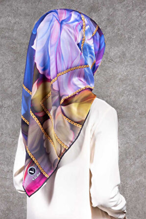 Twill Gül Desenli Saks - Pembe Renkli 90x90 Eşarp (İpek İçermez) Kenar Dikiş Şekli El Dikişli