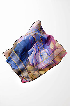 Twill Gül Desenli Saks - Pembe Renkli 90x90 Eşarp (İpek İçermez) Kenar Dikiş Şekli El Dikişli