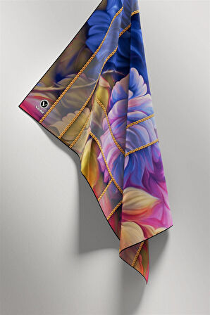 Twill Gül Desenli Saks - Pembe Renkli 90x90 Eşarp (İpek İçermez) Kenar Dikiş Şekli El Dikişli